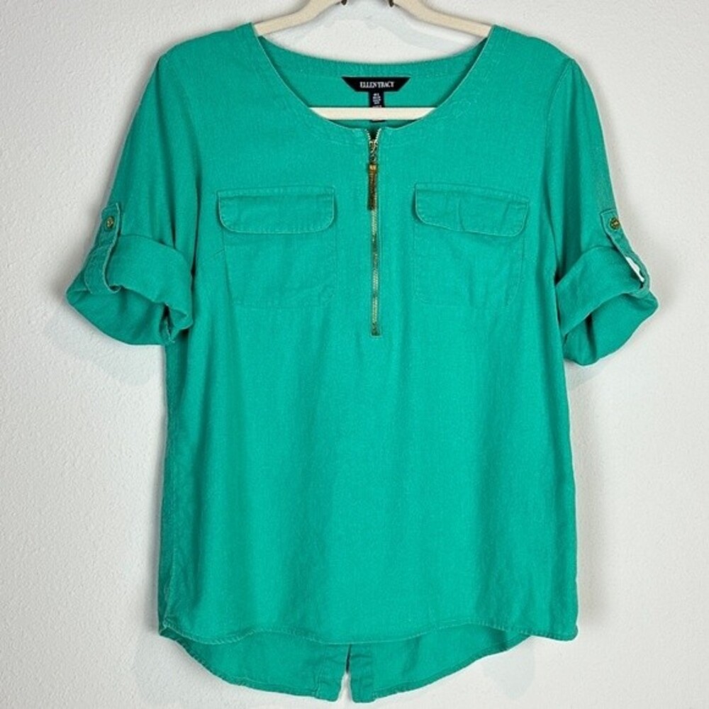 Ellen Tracy Teal Linen Viscose Zipper Neck Top S